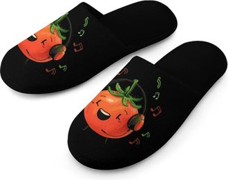 Generic Cute Tomato Wearing Headphones Warm Mens Slippers Slip On Soft Fleece House Shoes Winter Indoor Outdoor