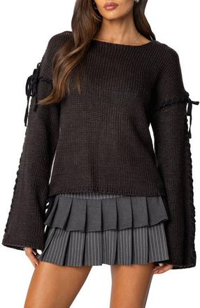 Edikted Amelia Lace Up Sleeve Sweater in Dark-Gray at Nordstrom, Size X-Small