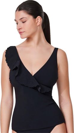 Gottex Bachelorette Ruffle V-Neck Surplice Tankini Top in Black at Nordstrom, Size 10