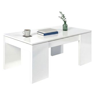 Dmora Mesa De Centro Con Tapa Elevable Y Espacio De Almacenamiento, Color Blanco Brillo, Medidas 100 X 43 X 50 Cm (altura Regulable De 43 A 54 Cm), Con Emba