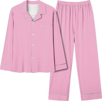 Generic Women Brushed Cotton Pyjamas Set Long Sleeve Button Down Tops Pants Flannel Sleepwear Lounge Cozy Warm Winter Plus Size