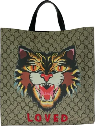 Gucci Beige Multi-Color Canvas Leather Tote Bag (Pre-Owned)