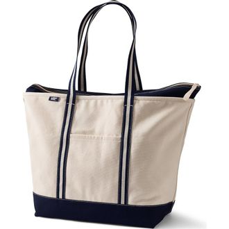 Lands End Zip Top Long Handle Canvas Tote Bag in Natural/navy Stripe at Nordstrom, Size X-Large