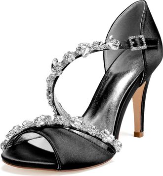 Generic Wedding Bridal Shoes Womens Heels Ankle Strap High Heels Heeled Open Toe Satin Bridal Stiletto Sandals 10.5Cm,Black,4 UK