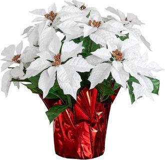 Nearly Natural 19In Artificial Lush White Poinsettia Arrangement In Red Wrapped Planter