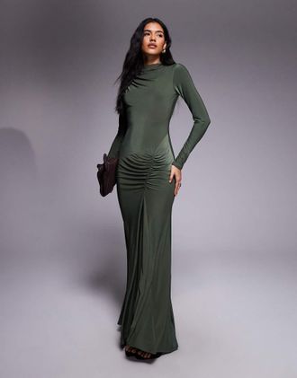 Asos Vestito lungo accollato sinuoso verde con gonna arricciata-Rosso