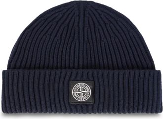 Stone Island Geribbelde Wollen Beanie - Heren - Hoeden - Blauw - ONE Size - Wol - Accessoires