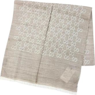 Gucci Pre-owned Stall GG Jacquard Mini Fringe Wool Silk Shawl - Dames - Pre-owned - Beige - Maat: ONE Size Zijde