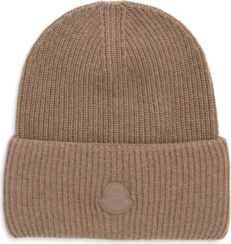 Moncler Logo Patch Virgin Wool & Cashmere Beanie in Beige at Nordstrom