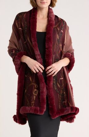 La Fiorentina Faux Fur Trim Chain Print Wrap Scarf in Red at Nordstrom Rack