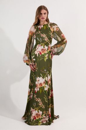 Karen Millen Womens Petite Garden Floral Viscose Georgette Satin Mix Maxi Dress - Green - Size 12 UK