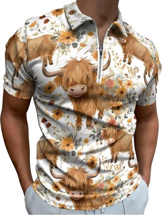 Generic Highland Cow Print Mens Polo Shirts Zippered Short Sleeve Golf Polo Shirts Casual T Shirts Tops M