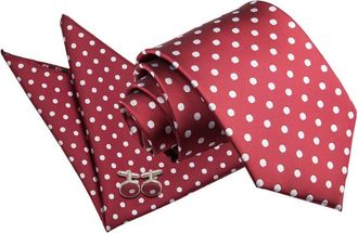 DQT Woven Polka Dot Patterned Casual Classic Neck Tie, Pocket Square and Cufflinks Set for Men (Burgundy)