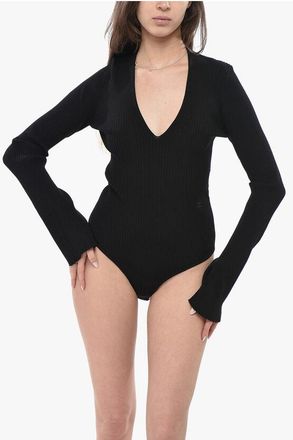 Courr&egrave;ges Ribbed Fabric V-Neck Bodysuit size L