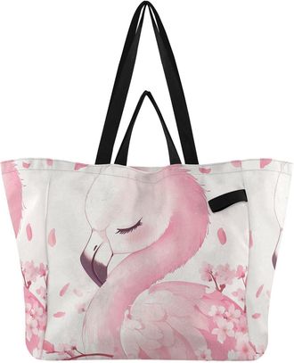 Generic Pink Flamingo Flowers pattern Reusable Canvas Tote Bag, Heavy Duty Grocery Shopping Bag with Hard Bottom Double Handles Large Capacity Work Groceries 