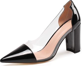 EDEFS Womens Pointed Toe Block Heel Court Shoes Transparent Chunky Heel Pmps Black EU36/UK5