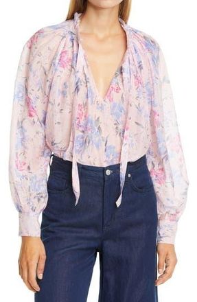 LoveShackFancy Willow Floral Print Tie Neck Top in Whispering Lilac at Nordstrom Rack, Size Medium