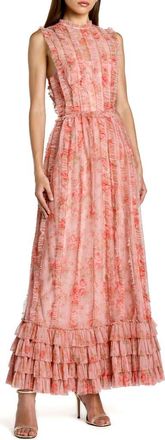 Mac Duggal Floral Mesh High Neck Micro Ruffle Midi Dress in Rose Multi at Nordstrom, Size 14