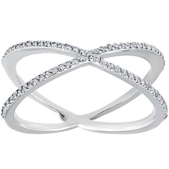 Pompeii3 1/5CT 10K White Gold Round Diamond Crossover Cocktail Fashion Statement X Ring