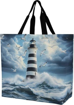 Generic Lighthouse Seagulls Reusable Shopping Bags One Shoulder Grocery Tote Bag Waterproof Big Purse for Work Travel