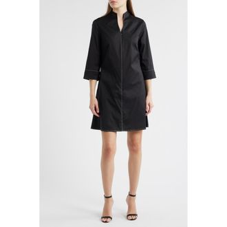 Ming Wang Front Zip Stretch Cotton Shirt Dress in Black/White at Nordstrom Rack, Size Xx-Small