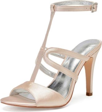 Generic Wedding Bridal Shoes Womens Stiletto Heels Sandals Sexy Open Toe Bridal Satin Wedding Party Dressy Heels Shoes 10.5Cm,Champagne,7 UK