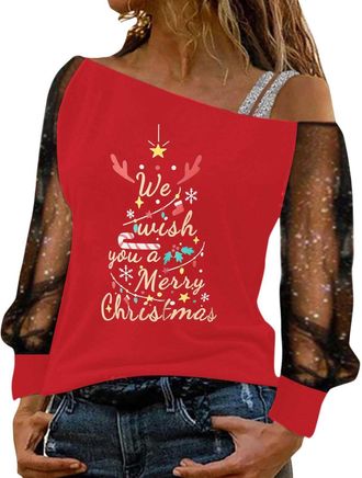 Generic Womens Christmas Long Sleeve Jumper Pullover Off The Shoulder Tops See Sheer Sleeves Xmas Sweatshirt Mery Xmas Reindeer Printed Sizes S-XXL Red