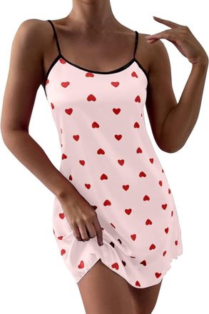 Generic Nightdresses for Women UK Suspenders Heart Print Cami Homewear Satin Nightdress Midi Dress Nighties Women Silk Nightgown Loose Womens Lingerie Set Plu