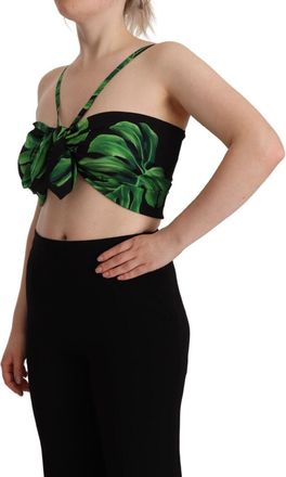 Dolce & Gabbana Womens Black Green Leaf Silk Halter Cropped Top And Elastane