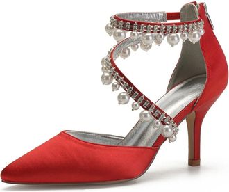 Generic Wedding Bridal Shoes Womens Pumps Pointed Toe Stiletto Heel Wedding Party Dress High Heels Shoes Bridal Pumps 8Cm,red,10 UK