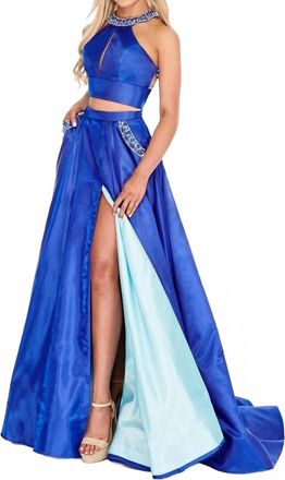 Rachel Allan Two-Piece Beaded Halter Ballgown With High Slit In Royal/light Blue