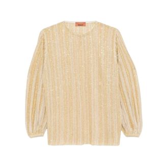 Missoni Round-neck Knitwear, female, Yellow, Size: 2XS Gold Tones Ribbed Viscose Blouse With Sequins