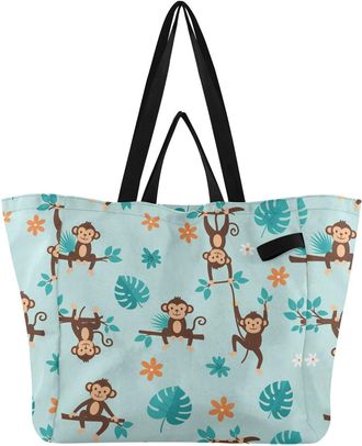 Generic Monkey Palm Leaves Teal print Reusable Canvas Tote Bag, Heavy Duty Grocery Shopping Bag with Hard Bottom Large Capacity Double Handles Work Groceries 