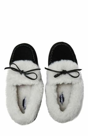 Lands End Fluffy Lined Indoor Outdoor Moccasin Slippers in Black Suede at Nordstrom, Size 10