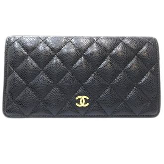 Chanel Black Grained Calfskin Long Wallet (Bi-Fold) (Pre-Owned)