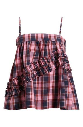 Damson Madder Nyra Ruffle Plaid Organic Cotton Cami in Magenta at Nordstrom, Size 14
