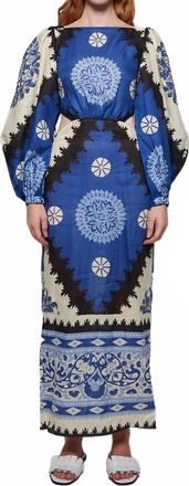 Johanna Ortiz Glorious Rivers Midi Dress With Puff Sleeves And Cutout Waist In Blue
