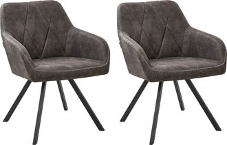 Beliani Conjunto De 2 Sillas De Comedor De Tela Gris Con Reposabrazos Respaldo Acolchado Patas Met&aacute;licas Negras Retro Monee