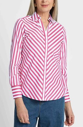 Foxcroft Mary Stripe Cotton Blend Button-Up Shirt in Ruby Pink/White at Nordstrom, Size 14