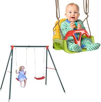 OUTSUNNY Conjunto De Columpio Incluye 1 Columpio Doble Para Ni&ntilde;os +3 A&ntilde;os Con Soporte De Metal Y 1 Columpio Para Beb&eacute;s De 9-36 Meses Con Cuerda Ajustable