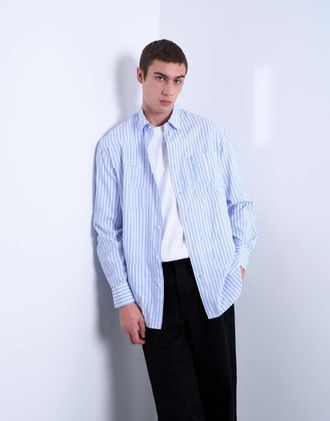 Topman Camicia oversize blu a righe con dettagli invecchiati