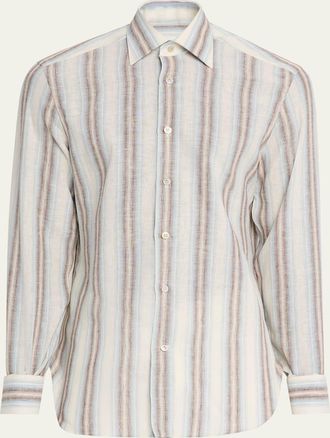 Kiton Mens Linen Blend Wide Stripe Button-Down Shirt