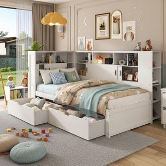 Merax White Single Childrens Storage Cabin Bed with Bookcase & USB