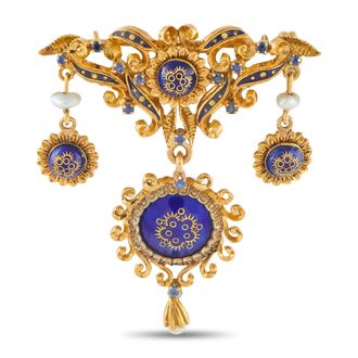 Luxury Bazaar Antique 18K Yellow Gold Pearl and Enamel Brooch MF25-070226