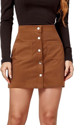 Feoya Womens Bodycon Mini Skirt Short Corduroy Skirts Skinny High Waisted Skirt Slim Fit Button Up Hip Skirt with Two Pockets Autumn Fall Winter Warm Solid 