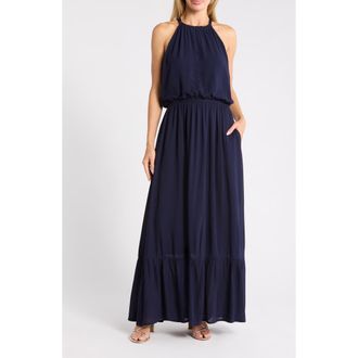 West K Halter Neck Gauze Maxi Dress in Navy at Nordstrom Rack, Size X-Large