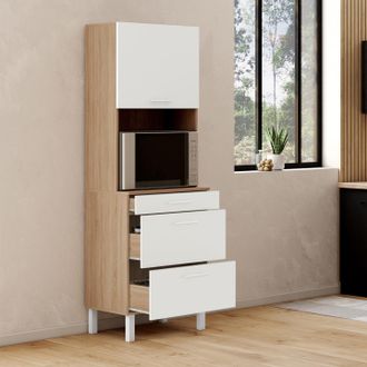 IDMarket Cina Mueble De 2 Puertas Para Microondas Y Cacerolas De 60 Cm En Haya Y Blanco