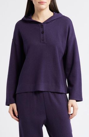 Eileen Fisher Hooded Cotton Blend Thermal Knit Top in Aubergine at Nordstrom, Size X-Large