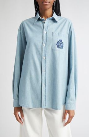 Sporty & Rich Embroidered Crest Oversize Chambray Button-Up Shirt at Nordstrom, Size X-Large