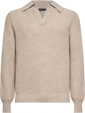 Tagliatore V-neck Polo Knit - Heren - V-hals truien - Beige - XL - Wol - Truien & Vesten